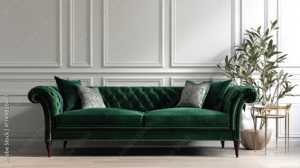Fototapeta premium Luxurious Green Velvet Sofa in Elegant Modern Living Room Setting