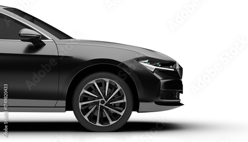 Front right half view of dark grey colored modern sedan car with transparent background