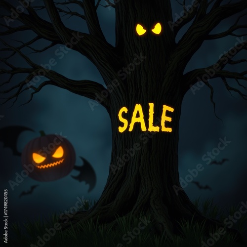 Spooky tree with glowing SALE sign and pumpkin for Halloween sale  