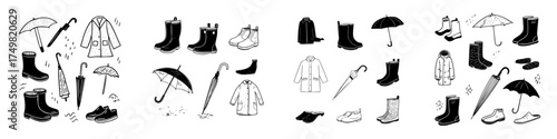 Hand drawn icons of rain gear and protective footwear for wet weather