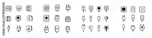 Assortment of international electrical power plugs and wall socket doodle icons