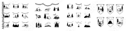Set of hand drawn icons for camping and outdoor adventure with nature elements