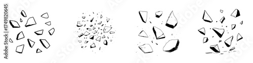 Collection of sharp broken rock fragments and falling debris elements in sketch style