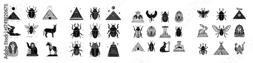 Ancient Egyptian symbols and scarab beetles glyphs set