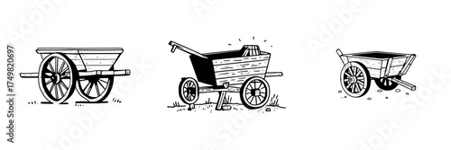 Collection of antique wooden farm carts and wagons in black and white style