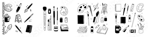 Hand drawn icons set of various art and craft supplies for creative work