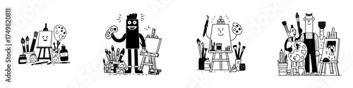 Happy cartoon artists with painting supplies and easels