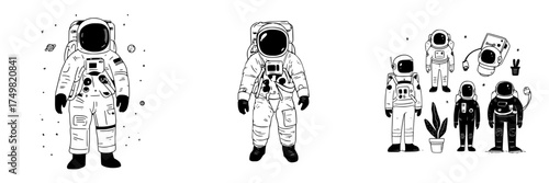 Collection of stylized astronaut figures and space elements in outline drawing