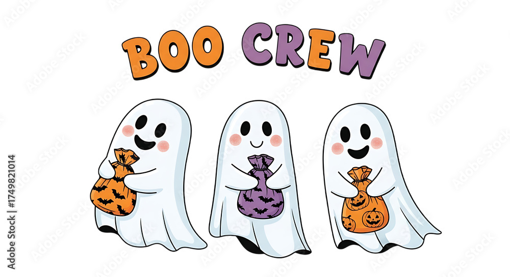 Fototapeta premium Three cute ghosts with candy bags isolated on transparent background