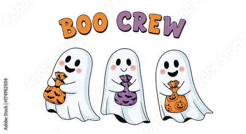 Three cute ghosts with candy bags isolated on transparent background