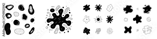 Abstract hand drawn black and white organic shapes and fluid blobs