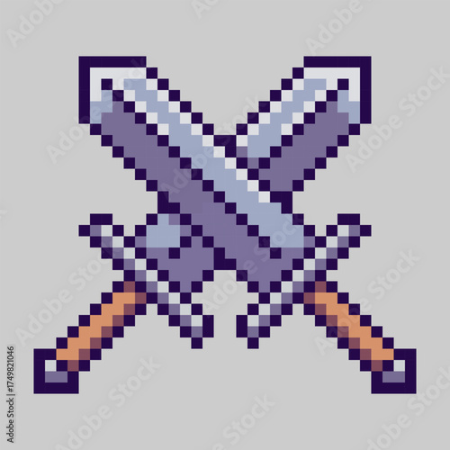 A classic emblem of two crossed swords, designed in a detailed retro pixel art style. This 8-bit illustration is a perfect symbol for battle, combat, fantasy, and adventure