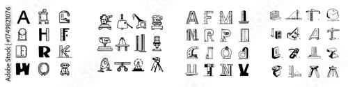 Alphabet letters creatively formed by surveying and measuring tools icons