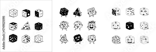 Funny anthropomorphic dice and cheese wedge characters in expressive poses