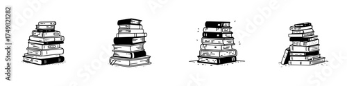 Four hand drawn stacks of books in simple black and white style