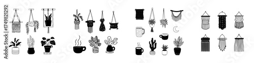 Bohemian macrame plant hangers and potted houseplants collection