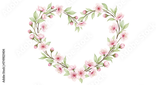 Watercolor heart shaped wreath of cherry blossoms isolated on transparent background