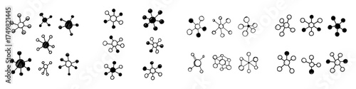 Set of hand drawn molecule structure icons in black and white style