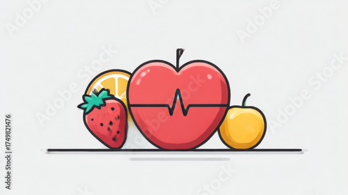 Stylized Heart with EKG Line and Fruits, red yellow and orange, representing cardiovascular health and healthy eating with copy space