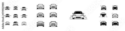 Set of various automobile front view icons and symbols