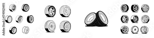 Collection of various car wheel and tire designs in black and white outline style