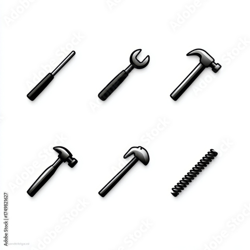 Stylized Black Hand Tools Icons Collection, black and white, representing repair and maintenance with copy space