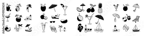 Set of hand drawn tropical vacation and summer drink icons