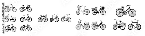 Collection of various black and white bicycle icons and simple drawings