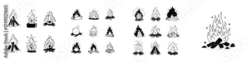 Hand drawn campfire and bonfire icons in simple doodle style