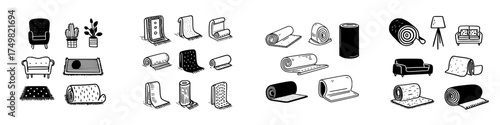 Hand drawn icons of home furniture and rolled floor coverings