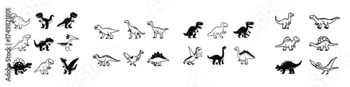 Set of cute cartoon dinosaur icons in outline and solid styles