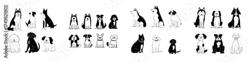 Collection of various dog breeds sitting in simple black and white outline style