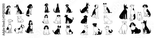 Collection of various dog breeds sitting in black and white outline style