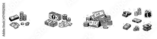 Stacks of cash and piles of coins in hand drawn style