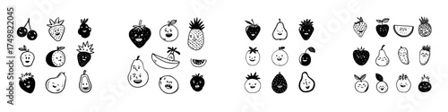 Collection of happy hand drawn fruit icons featuring strawberries pears and cherries