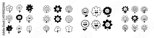 Doodle icons of happy and sad flowers with expressive faces