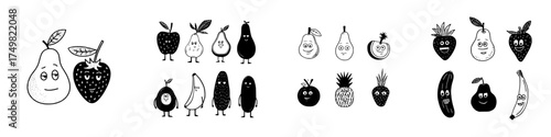 Set of cute cartoon fruit and vegetable characters with expressive faces