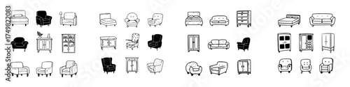 Hand drawn icons of various home furniture pieces like armchairs, sofas, beds, and cabinets