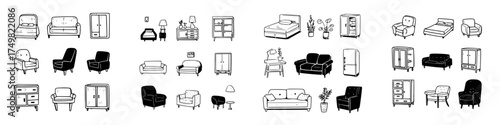 Doodle icons of various home furniture and interior decor elements