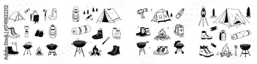 Hand drawn icons set for camping and outdoor recreation equipment