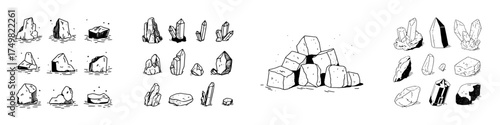 Hand drawn rough stones and crystal formations icons set
