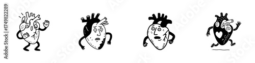 Four anthropomorphic heart characters displaying various emotions and actions