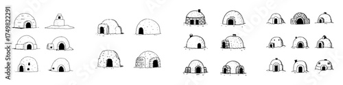 Collection of hand drawn traditional dome shaped dwellings and shelters