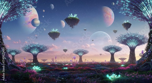 Dreamy landscape with trees, crystals, planets, and otherworldly flora.