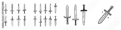 Collection of various medieval and fantasy sword weapon icons in doodle style