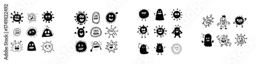Set of funny cartoon microbe and virus characters with various emotions