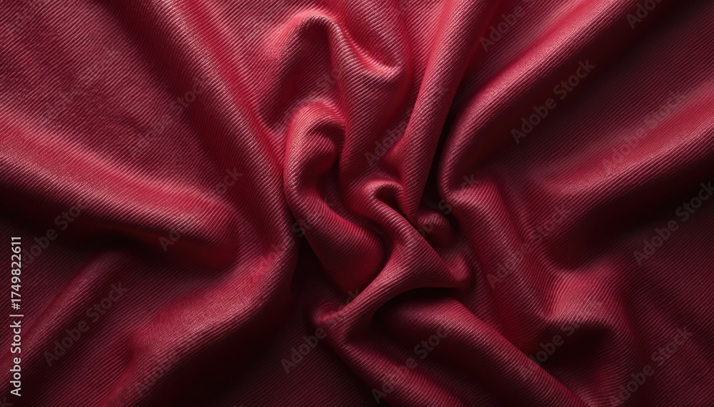 Fototapeta premium Detailed view shows deep maroon red textile texture. Rich dark crimson color woven cloth with folds. Elegant burgundy colored fabric for apparel design or furniture upholstery. Fine cotton sample.