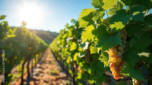 Bright mid-morning vineyard scene with vivid green leaves and sunlit grapes, blue sky above and a sense of fresh energy in the air. Generative AI