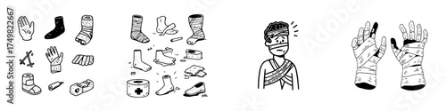 Assortment of medical bandages and injured body parts for first aid