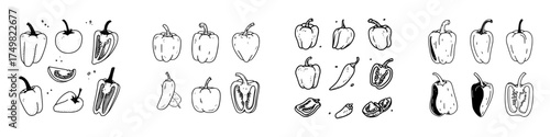 Hand drawn outline icons of assorted bell peppers and chili peppers